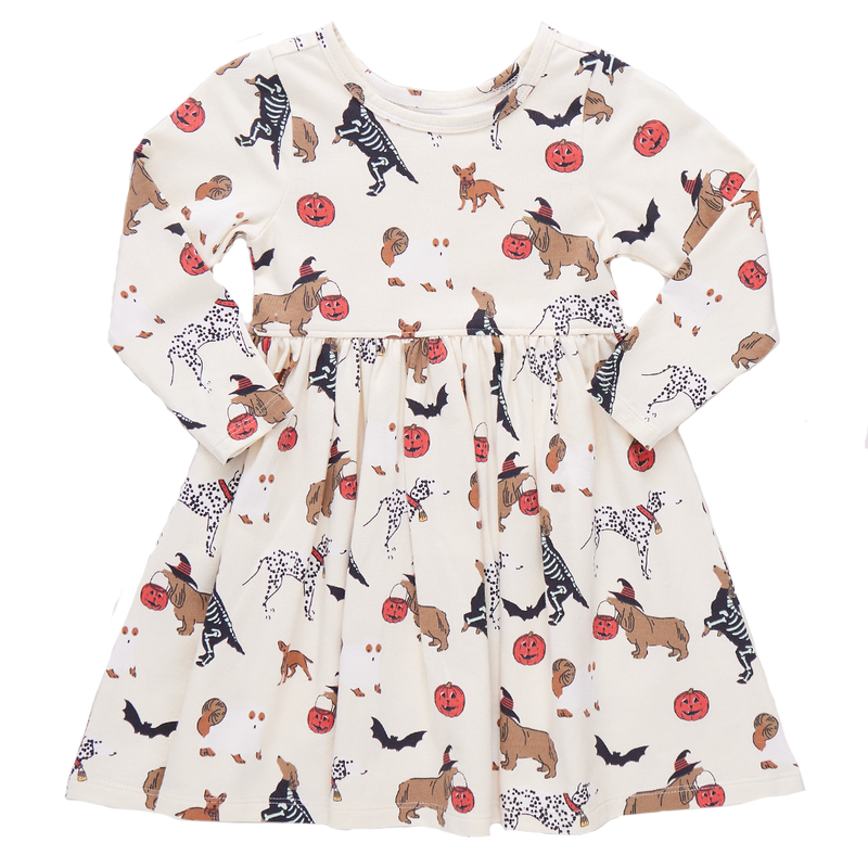 Girls Organic Long Sleeve Steph Dress - Spooky Dogs