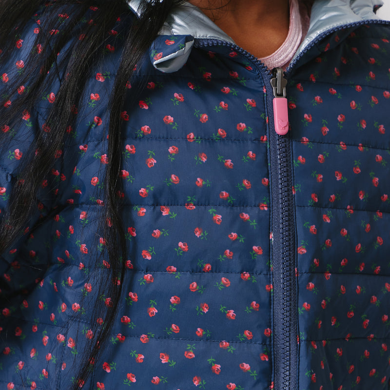 Kids Reversible Riley Jacket - Navy Tiny Roses