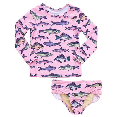 Girls Rash Guard Set - Pink Multi Fishies