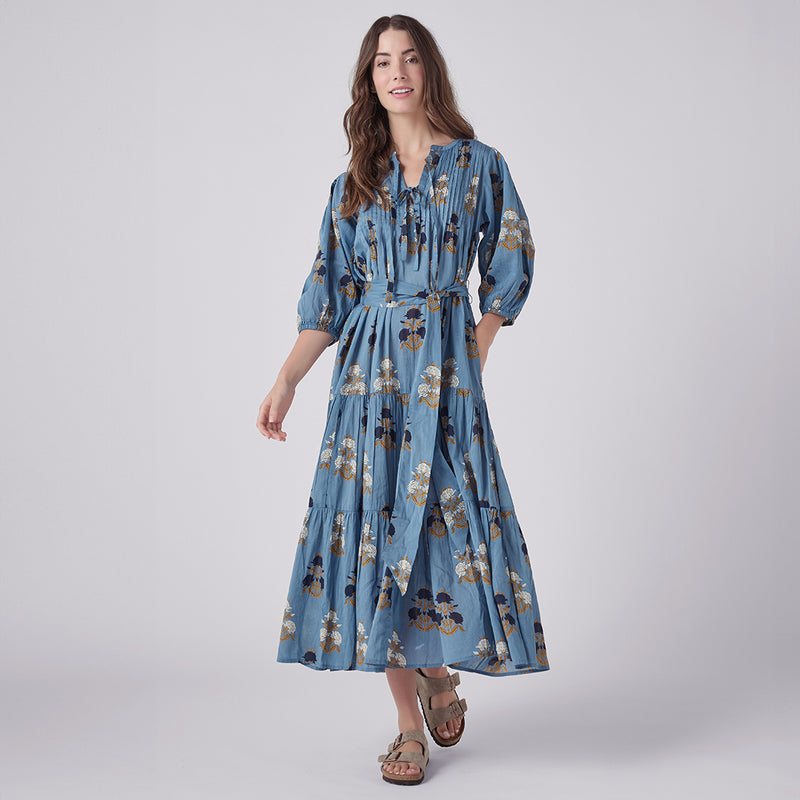 Womens Pintuck Indira Dress - Blue Flowerette