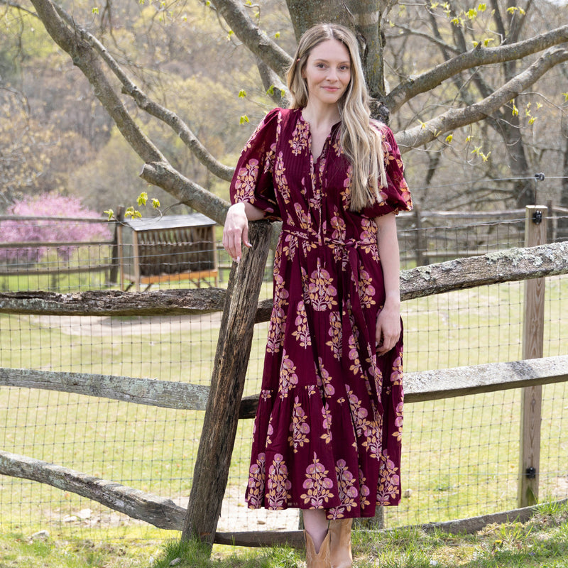 Womens Pintuck Indira Dress - Burgundy Bouquet Floral