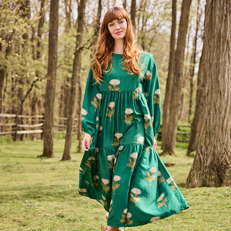 Womens Silk Kelly Dress - Emerald Marigold