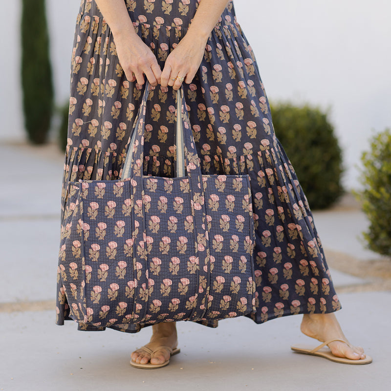 Reversible Large Quilted Tote - Navy Flower Drop