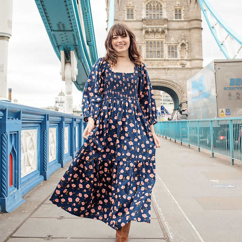 Womens Serena Dress - Navy Flower Toss