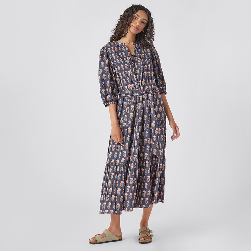 Womens Pintuck Indira Dress - Navy Flower Drop