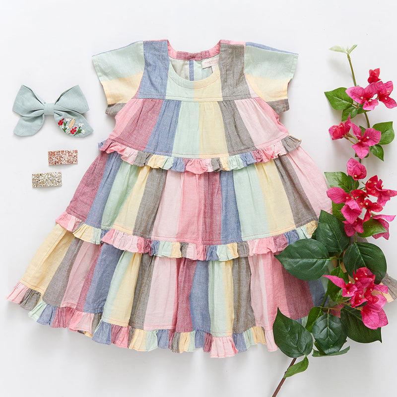 Girls Daphne Dress - Multi Wide Stripe