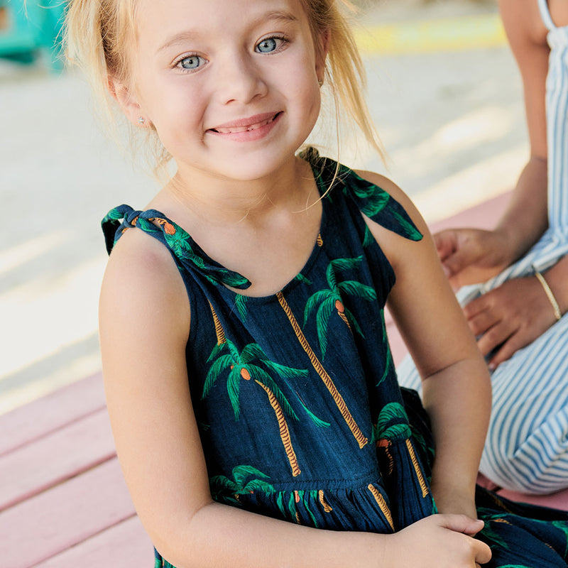 Girls Taylor Dress - Navy Palm Trees