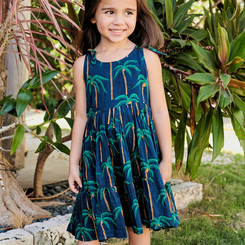 Girls Taylor Dress - Navy Palm Trees