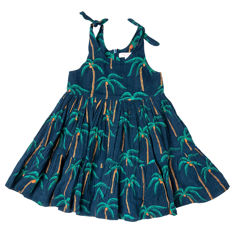 Girls Taylor Dress - Navy Palm Trees