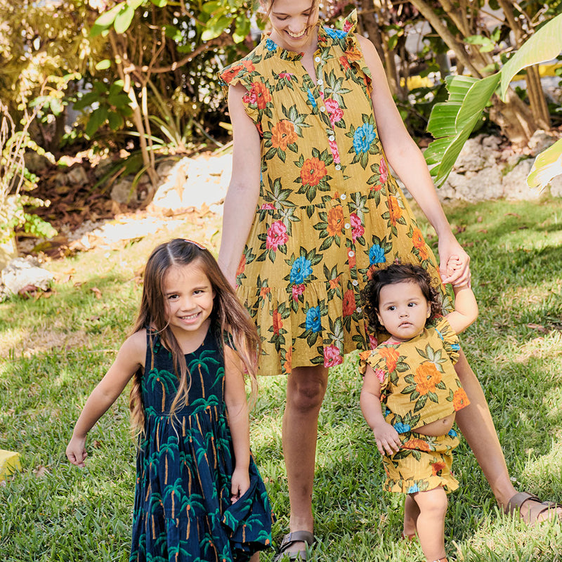 Girls Taylor Dress - Navy Palm Trees